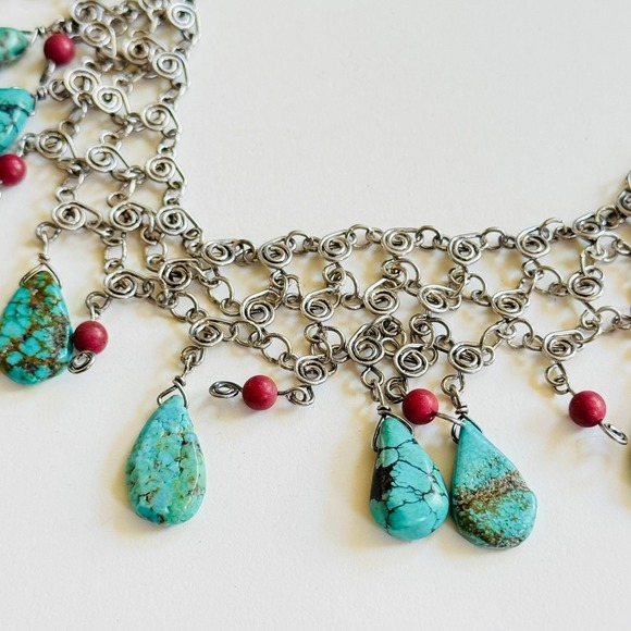 BOHO Turquoise Coral collar Necklace VtG Genuine Gemstone stone Natural 16" Y2k - Picture 3 of 7